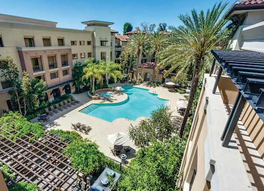 Aerial view of pool at Madison at Town Center Apartments in Santa Clarita CA