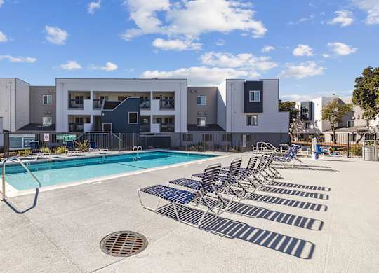 Pool and Exterior Buildings at Hilltop Commons Apartments in San Pablo CA