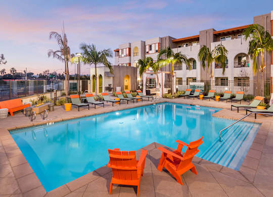 Pool at dusk at The Seaton Apartments in San Diego CA