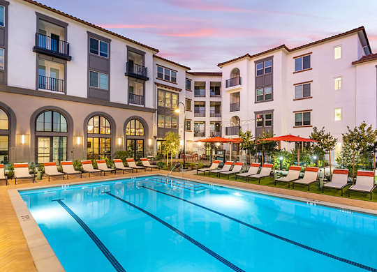 Pool at Dusk at West Village Poway Apartments in Poway CA