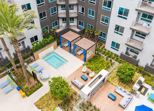 Aerial view of pool at Avel Apartment Homes in Orange CA