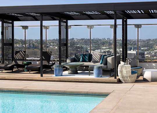 Pool cabanas at Chromatic Flats Apartments in San Diego CA