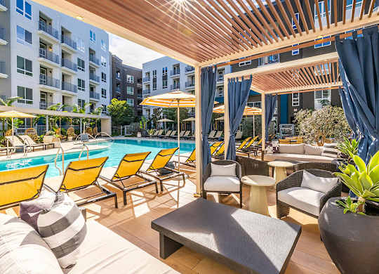 Pool cabanas at The Wylden Apartments in Los Angeles CA