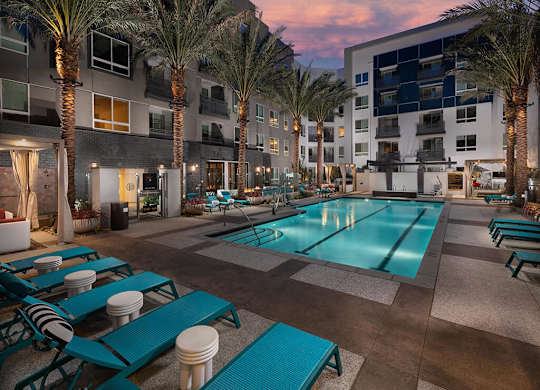 Pool Luminescence Loungers Pool Sunset at Chroma Apartment Homes in Canoga Park CA