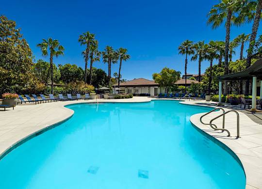 Large pool with palm trees at Landara Apartments in Ontario CA