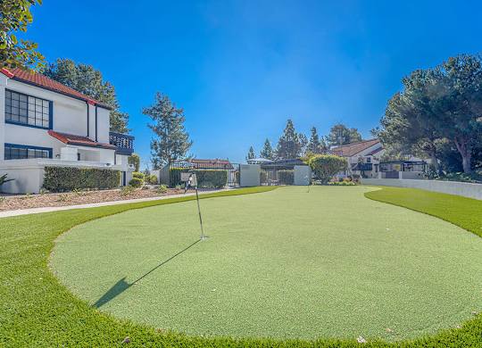 A golf course with a green and a flag on the tee.