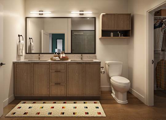 A bathroom with a white toilet and a wooden cabinet.