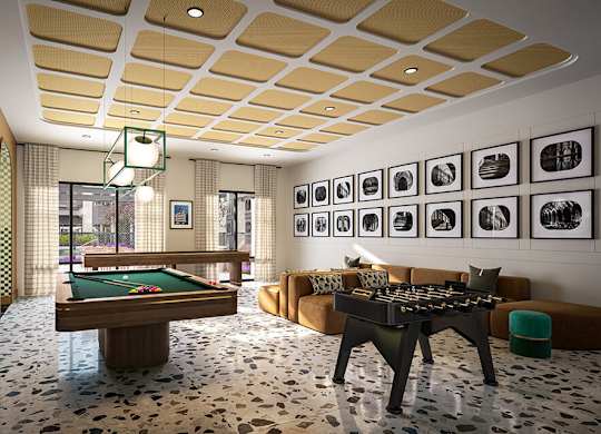 Game room at Merrick on Midway Apartments in Farmers Branch TX