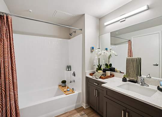 Renovated Model Bathroom Shower at Haven at Del Mar Station Apartments in Pasadena CA