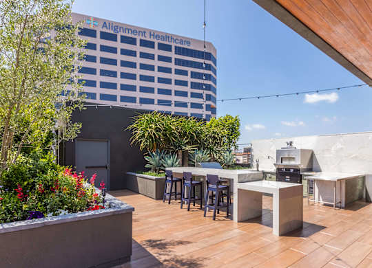 Rooftop lounge seating at Avel Apartment Homes in Orange CA