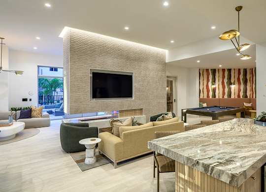 Social lounge fire place at Treo Apartments in Fort Lauderdale FL