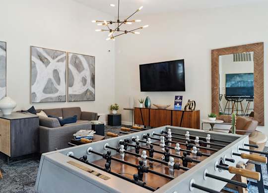 Social lounge game area at Marquessa Villas Apartmetns and Townhomes in Corona CA 