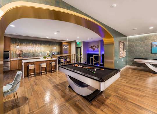 Social lounge biliards table at Avel Apartment Homes in Orange CA