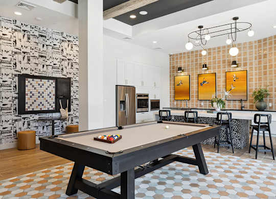 Social lounge kitchen and pool table at Jayden Apartments in Peabody MA