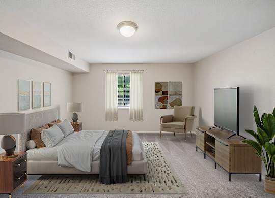 Staged Bedroom at Sky Rock Apartments in Longmont CO