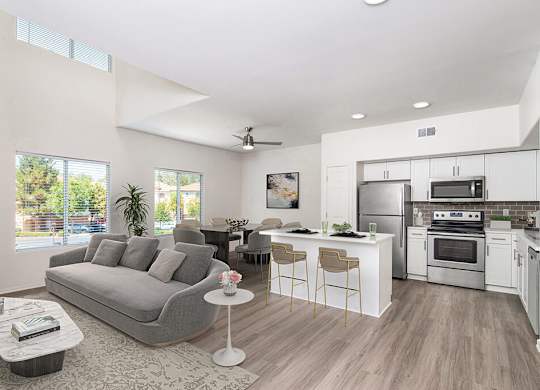 Living room and kitchen at Vintara Apartments in Murrieta CA
