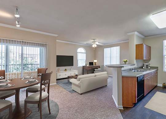 Kitchen and living area at Landara Apartments in Ontario CA