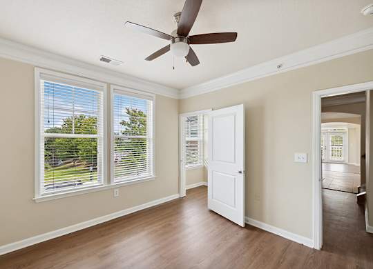 Bedroom with ceiling fan at Westerchester at the Pavillions in Waldorf MD
