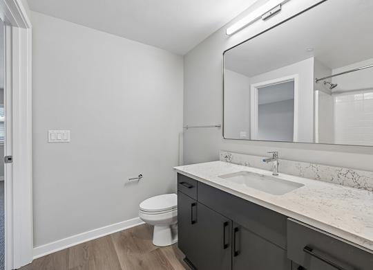 A white toilet sits in a bathroom with a marble countertop and a mirror above it.