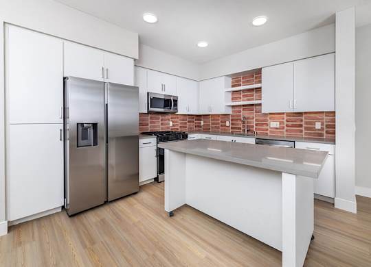 Vacant Metallic Rose Design Package Kitchen at Bowen Apartments in San Diego CA