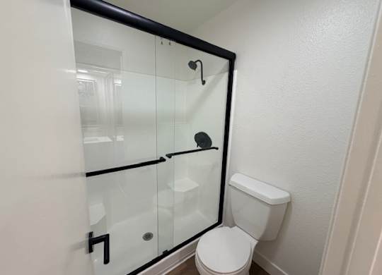 A white toilet sits next to a glass shower stall.