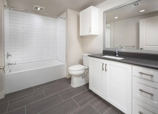Slate design package bathroom with shower tub combo at The Seaton Apartments in San Diego CA
