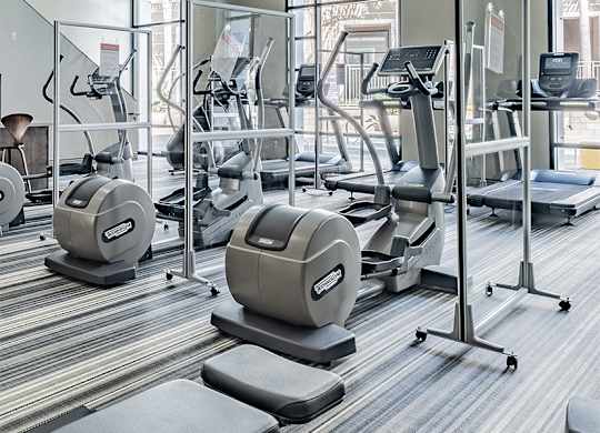 A gym with treadmills, elliptical machines, and other cardio equipment.