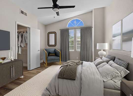 Virtually Staged New Renovated Primary Bedroom at Marquessa Villas Apartmetns and Townhomes in Corona CA