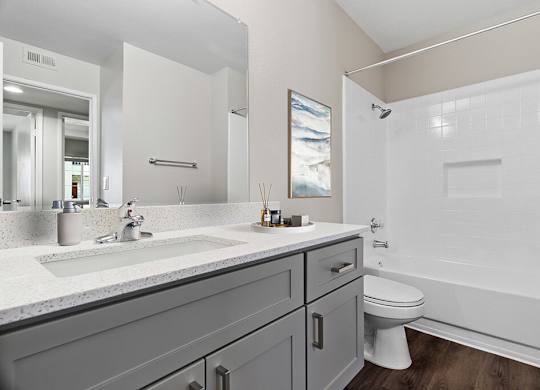 Renovated bathroom at Deerwood Apartments in Corona CA