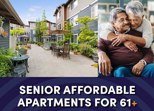 Photo of exterior of apartment courtyard with text that reads senior affordable apartments for ages 61 plus