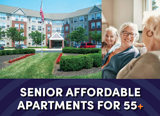an image of an older couple sitting in front of an apartment building with the text senior affordable