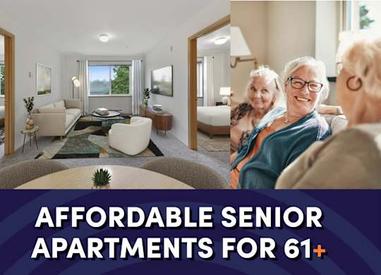 Group of people sitting on couch laughing alongside a picture of a living room at Lakewood Meadows Apartments in Lakewood WA
