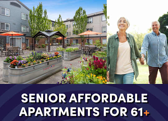 Photo of courtyard with text that reads senior affordable apartments for ages 61 plus