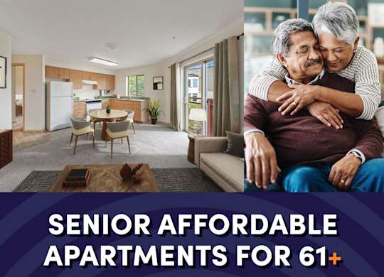 Photo of interior of apartment with text that reads senior affordable apartments for ages 61 plus