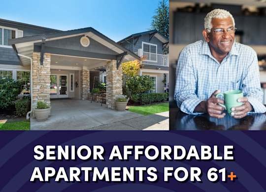 Photo of entrance of leasing office with text that reads senior affordable apartments for ages 61 plus