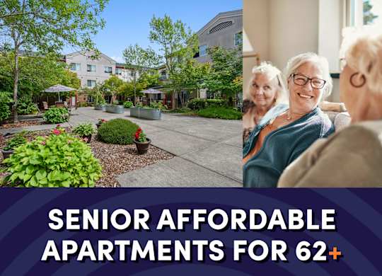 Photo of exterior courtyard with text that reads senior affordable apartments for ages 62 plus