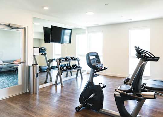 A room with a treadmill, a stationary bike, and a television.