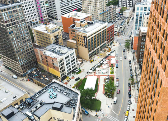 Aerial view of The Stott, Detroit, MI, 48226.