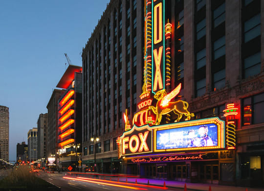 The Fox Theatre marquee lit up at night in Detroit, MI.
