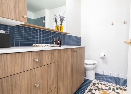 Luxurious bathroom with wood paneled cabinets and blue tiling. at The Stott, Detroit, Michigan.