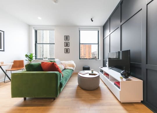 Sofa and Tv in Living room at The Press/321, Detroit, Michigan