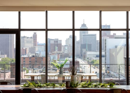 Large Window with View Over the City at The Assembly, Detroit, MI