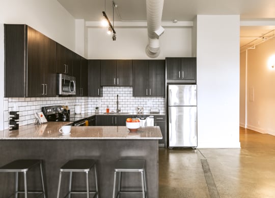 a kitchen with black cabinets and stainless steel appliances at The Ferguson Apartments, Detroit, Michigan