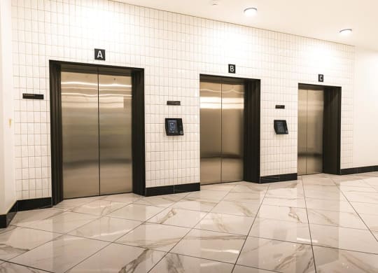 Elevator bay at The May, Cleveland.