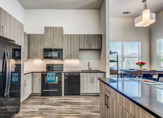 One-Bedroom Apartments In Lewisville, TX - Hebron 121 Station - Open-Concept Kitchen With Granite Countertops, Shaker Style Wood Cabinetry, and Wood-Style Flooring