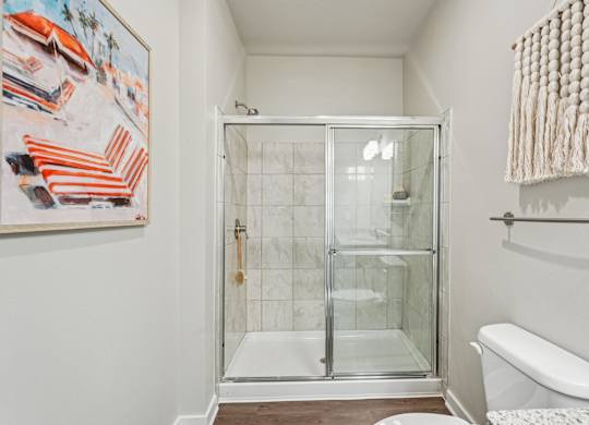 A bathroom with a glass shower door and a white toilet.