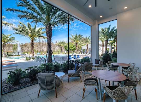 a patio with tables and chairs next to a swimming pool at Altis Grand Suncoast, Florida, 34638