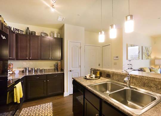 A kitchen with a sink and cabinets.