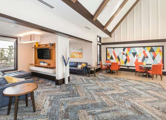 A living room with a blue rug and a television.