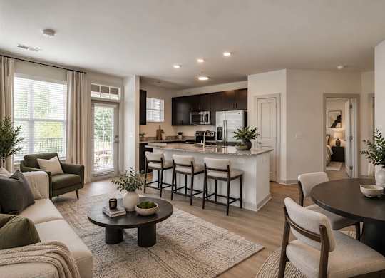 A modern living room with a kitchen in the background.